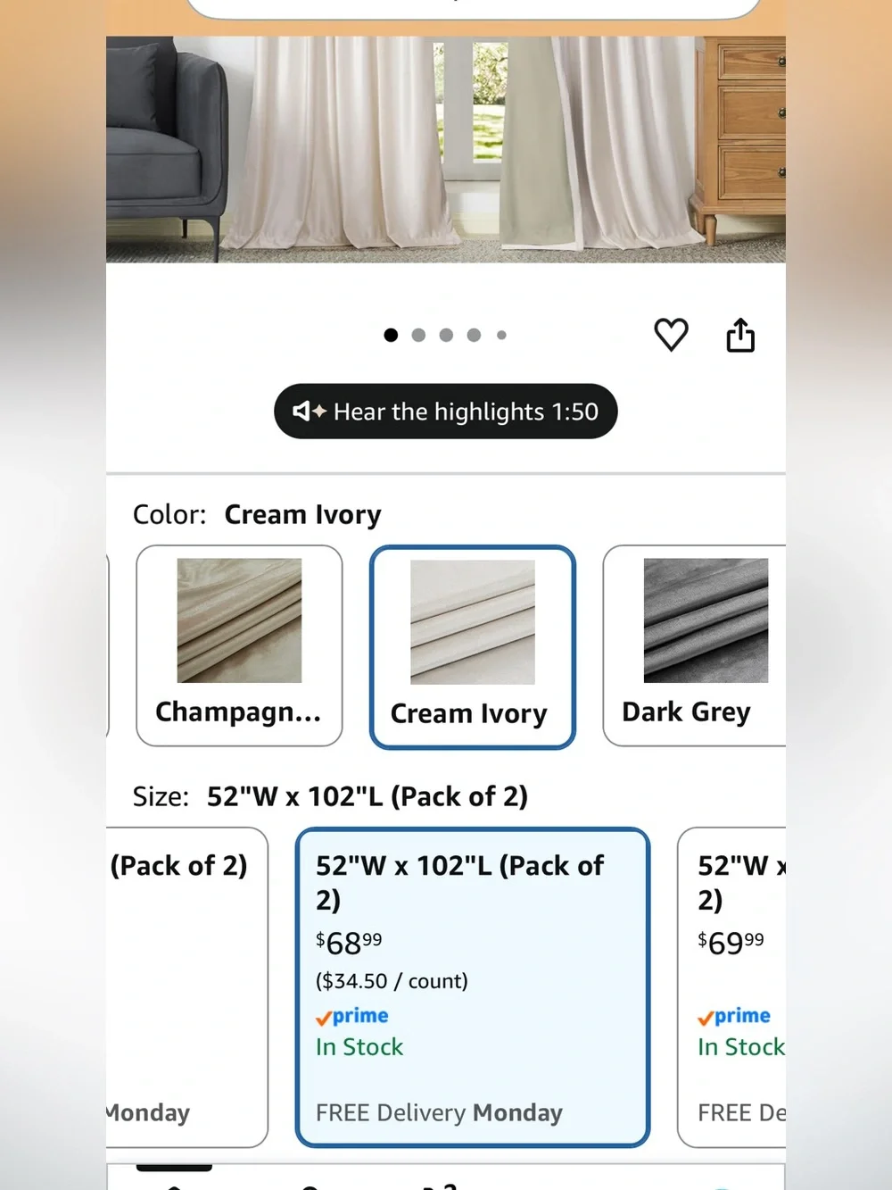 Cream Ivory Velvet blackout curtain drapes W52” x L102” 2 panels